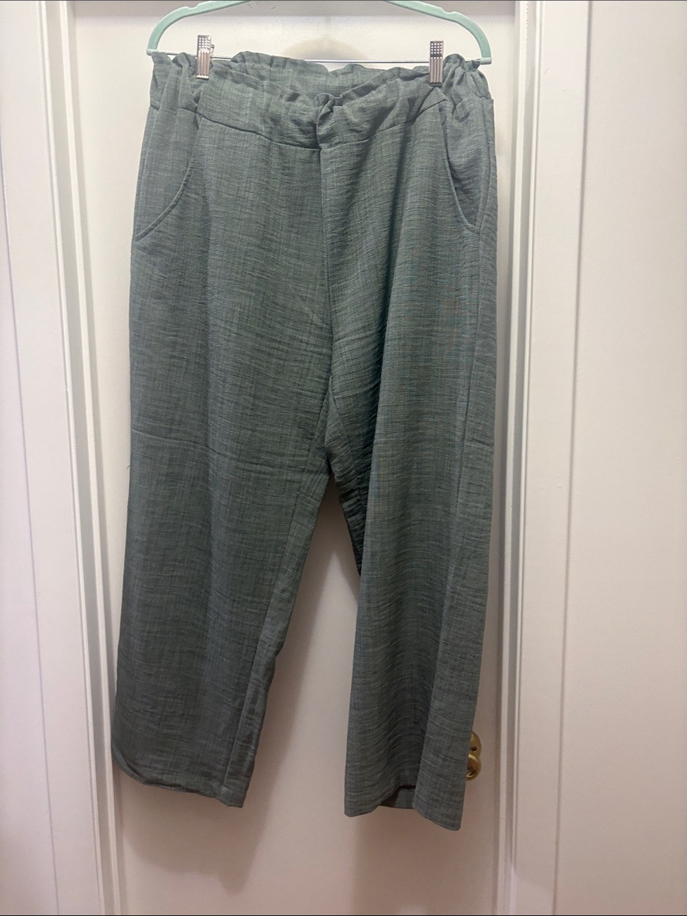 Jessica Sage Green Textured Pants with Elastic Waist